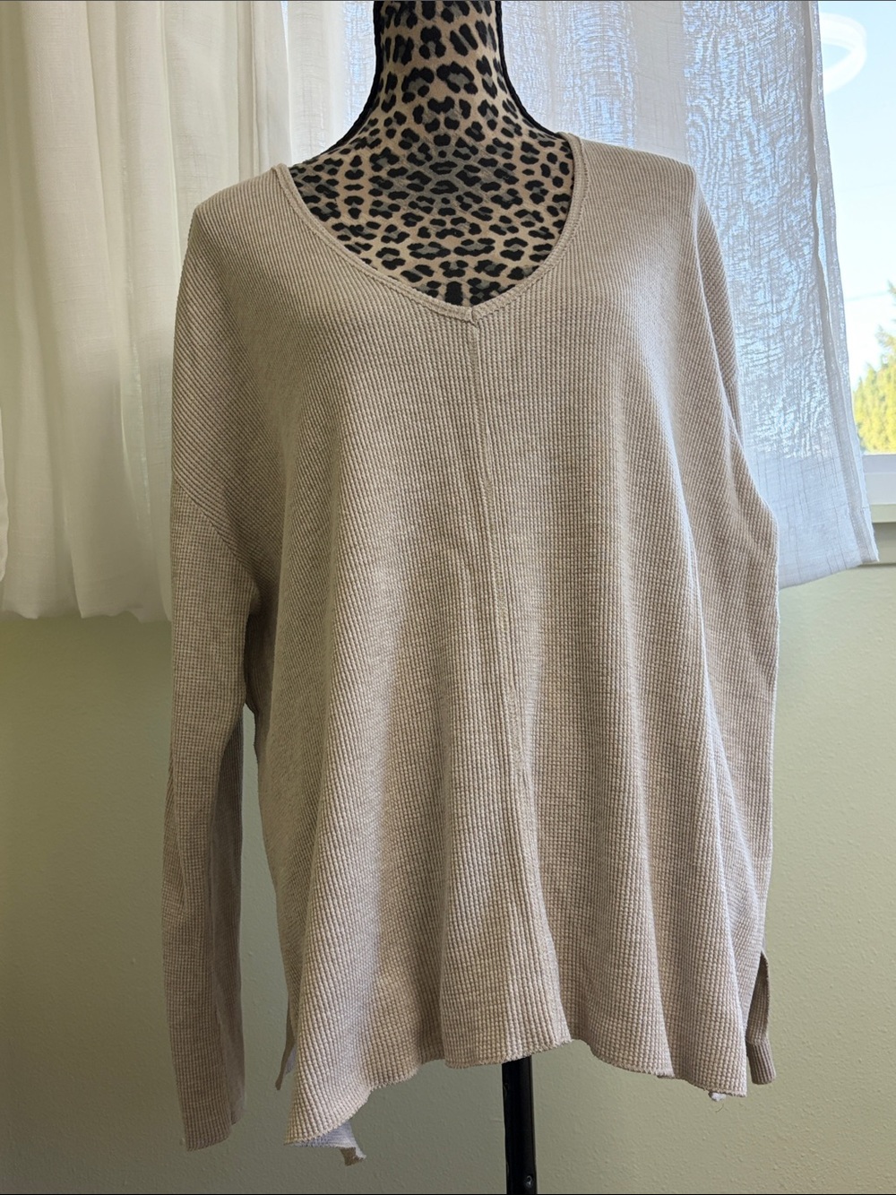 Fitigues Oversized Waffle Knit Thermal Top V-Neck Oatmeal in XL